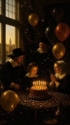 a birthday cake with lit candles surrounded by balloons and confetti, festive vertical composition, no text