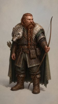 full-body original character: a dwarven ranger with a braided auburn beard, worn leather armor, a longbow and a wolf-pelt cloak, neutral background, no text