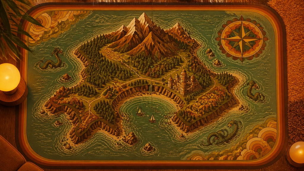 a map of an island realm with mountains, forests, a sheltered bay, sea monsters in the water and a compass rose, no text labels