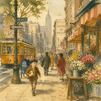urban street with city activity — Storybook Watercolor