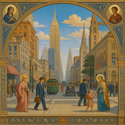 urban street with city activity — Nazarene Art Style