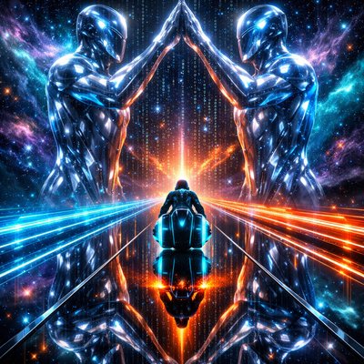 Neon-Futurism Digital Art Style, Bioluminescent Sci-Fi Cosmic Setting, Perfectly Symmetrical Composition. A wide shot looking down a highway that seems to exist in two places at once.

The Rider & Bike Consistency: The lone motorcyclist—in the signature sleek, armored suit and helmet—is centered on the hubless "light-cycle." In this scene, the highway is made of a highly reflective, mirror-like black chrome. As the rider speeds forward, a perfect "ghost" reflection of the bike and rider is visible on the surface below, making it look like two twins are racing tire-to-tire.

The Path (The Dual Ecliptic): The glowing blue laser-grid highway is perfectly straight, but it is flanked by two parallel streams of data-light that pulse in sync, like a heartbeat.

The Gemini Presence: Looming over the path are the colossal Twin Titans. They are rendered as towering figures of translucent silver and electric-blue light. They are positioned facing each other across the highway, their hands nearly touching to form a grand "A-frame" archway over the rider.

The Atmosphere: The space between the Twins is filled with shimmering, binary code "snow" and swirling nebulae in shades of teal and indigo.

The Action: As the rider passes through the center of the Twins, the "ghost" reflection on the road glows with an intense orange light, while the real rider maintains the cyan glow, representing the two sides of a single soul.

Lighting: High-key neon reflections. The silver bodies of the Twins act as mirrors, catching the orange and cyan flashes from the bike and throwing them back across the cosmic void.