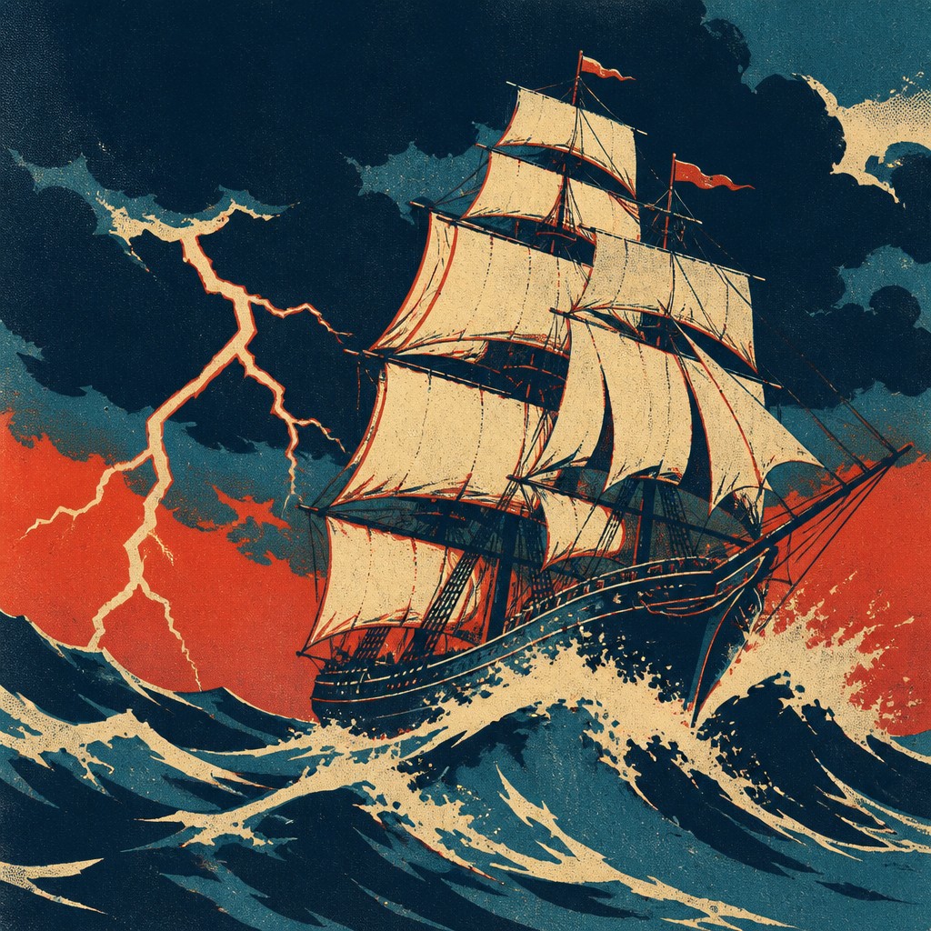 sailing ship on a stormy sea — Screen Print Style