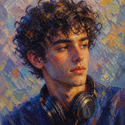 head-and-shoulders portrait of an original character: a young man with curly dark hair and headphones around his neck, plain backdrop, no text