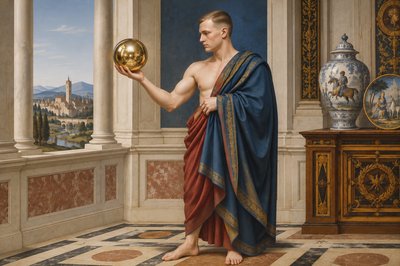 a painting of a man holding a golden ball