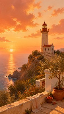 a lone lighthouse on a cliff at dusk under a dramatic sky, no text or lettering