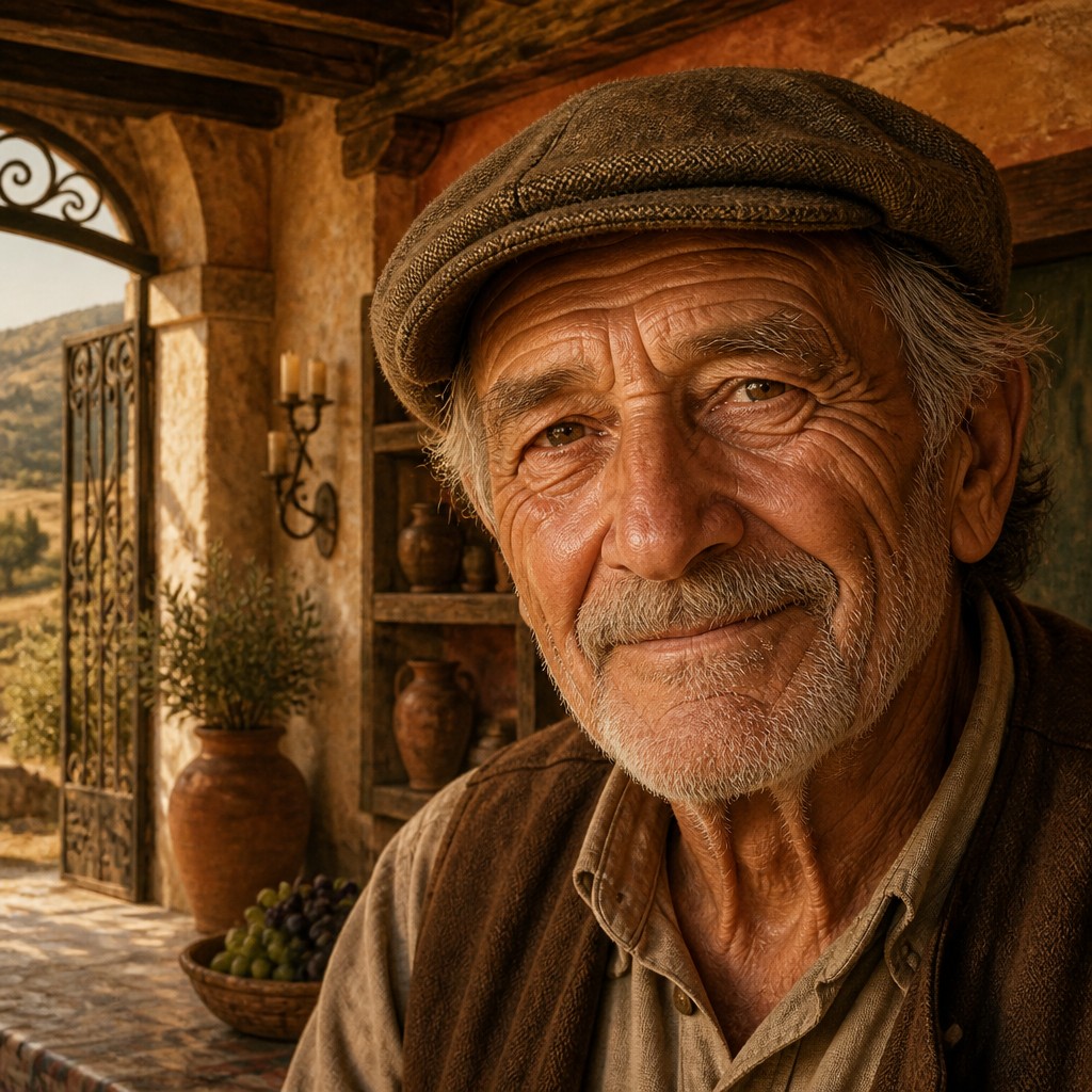 close-up portrait of an elderly person with expressive weathered features — Tuscan Interior Design