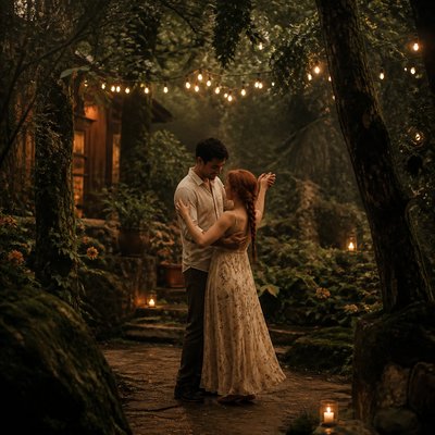an original couple dancing under string lights in a garden at dusk: a man with short black hair in a linen shirt and a woman with braided red hair in a summer dress