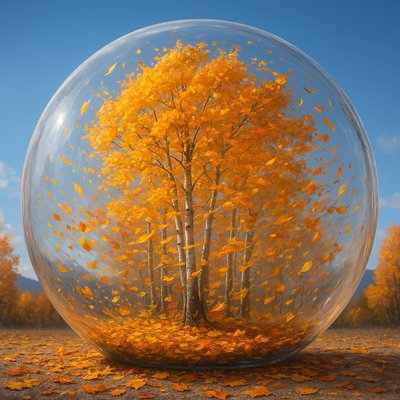 A breathtaking and surreal scene of vibrant Aspen trees in full autumn splendor, encased within a massive, crystal-clear, life-size glass bubble, reminiscent of a hyperrealistic snow globe. The glass bubble is perfectly spherical and transparent, allowing an unobstructed view into its contained world.

Inside the bubble, a fierce autumn wind is whipping through the Aspen trees, which are ablaze with brilliant golden, yellow, and orange leaves. Countless individual leaves are detached from the branches and are swirling dynamically in a vibrant vortex around the tree trunks, creating a beautiful, chaotic dance. Some leaves cling to the ground, while others are caught in mid-air, a riot of color against the pale, smooth bark of the Aspens. The ground inside the bubble is covered in a thick carpet of fallen, colorful leaves.

The exterior of the glass bubble reflects and subtly distorts a serene, autumnal mountain landscape or clear blue sky, emphasizing its pristine, contained nature. The lighting is bright and ethereal, perfectly illuminating the vibrant leaf colors and the transparency of the glass, highlighting the dynamic movement within. The overall mood is one of encapsulated beauty, powerful natural forces held in exquisite suspension, and serene wonder."
