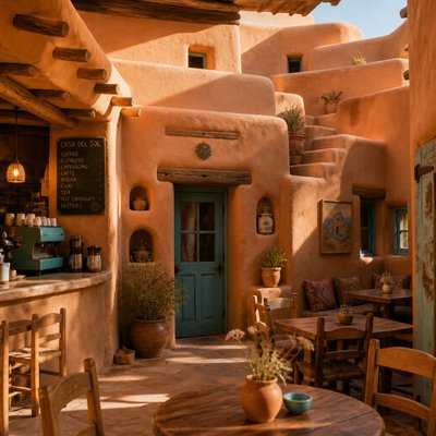 cozy cafe interior with warm lighting