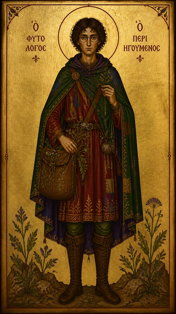 full-body original character: a wandering botanist with a satchel of plants, a patched green cloak, tall boots and round glasses, neutral background