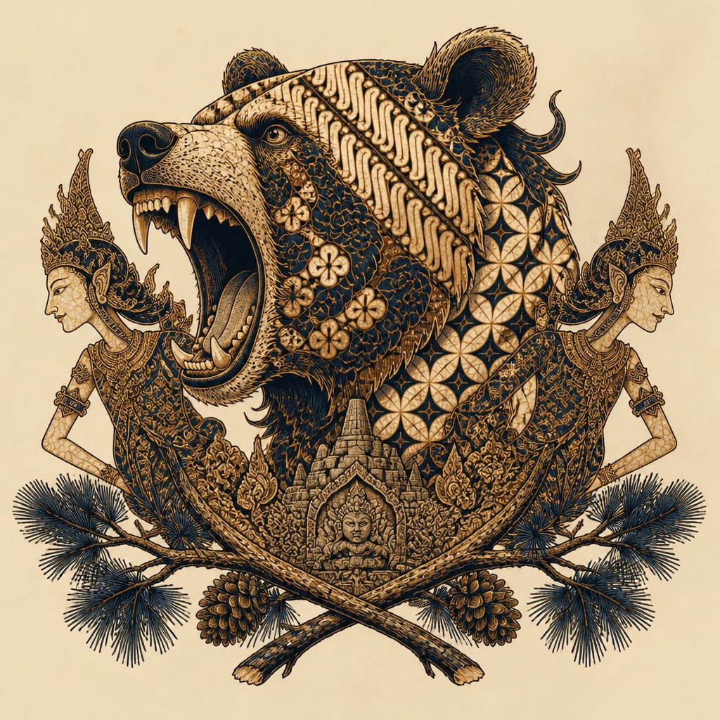 a roaring bear head above crossed pine branches, bold graphic composition on a plain background, no text