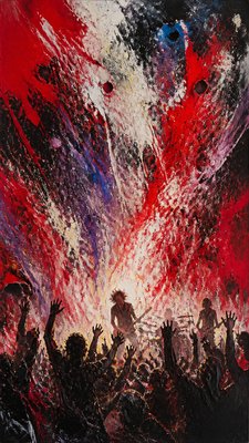 a live music scene with a glowing stage and silhouetted crowd, energetic vertical composition with open space at the top, no text