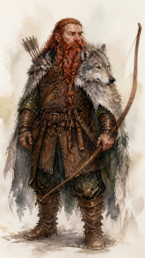 full-body original character: a dwarven ranger with a braided auburn beard, worn leather armor, a longbow and a wolf-pelt cloak, neutral background, no text