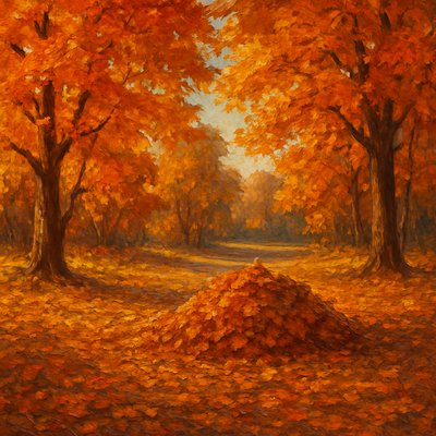 A tranquil and inviting autumn landscape based on the provided image, depicting a park-like setting with large trees and a pile of fallen leaves. The trees framing the foreground and extending into the middle ground are now in their full, glorious fall colors. One feels as if they are under a canopy of trees.

The ground is generously covered with a soft, thick carpet of fallen autumn leaves, rendered in various warm hues. A prominent, neatly gathered pile of raked leaves sits in the middle ground, inviting curiosity or play, with its textures and colors clearly visible. In the background, hints of a path or road gently wind through more fall foliage, suggesting a peaceful stroll.

The sky above is a soft, clear autumn blue, allowing warm, diffused sunlight to filter through the canopy, casting gentle shadows and highlighting the vibrant colors of the leaves both on the trees and on the ground. The overall mood is one of serene autumnal beauty, crisp air, and the pleasant, nostalgic feeling of a beautiful fall day in a park."