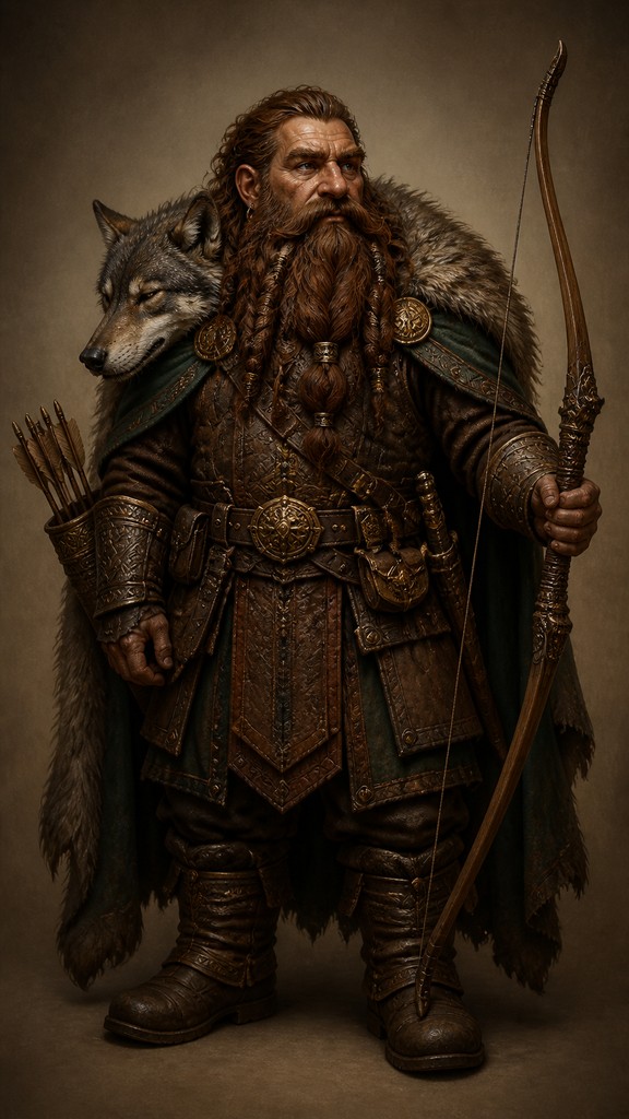 full-body original character: a dwarven ranger with a braided auburn beard, worn leather armor, a longbow and a wolf-pelt cloak, neutral background, no text
