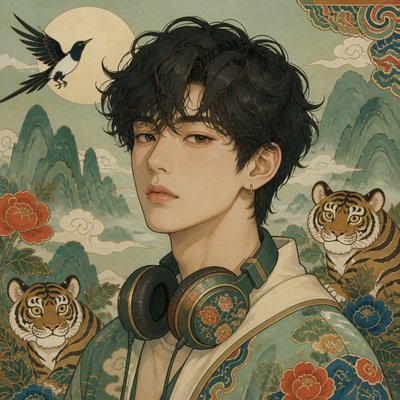 head-and-shoulders portrait of an original character: a young man with curly dark hair and headphones around his neck, plain backdrop, no text