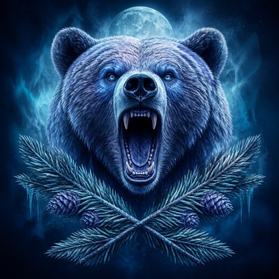 a roaring bear head above crossed pine branches, bold graphic composition on a plain background, no text