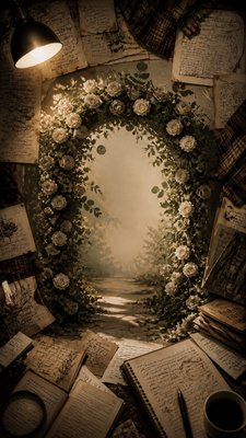 an arch of white roses and eucalyptus in soft morning light, elegant vertical composition with open space, no text