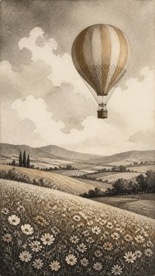 a hot air balloon drifting over rolling flower fields on a sunny day, cheerful, no text