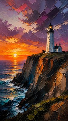a lone lighthouse on a cliff at dusk under a dramatic sky, no text or lettering