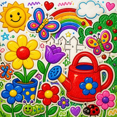 a garden scene with butterflies, flowers and a watering can, clean uncolored line art, no text
