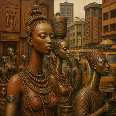 urban street with city activity — Ife Art Style