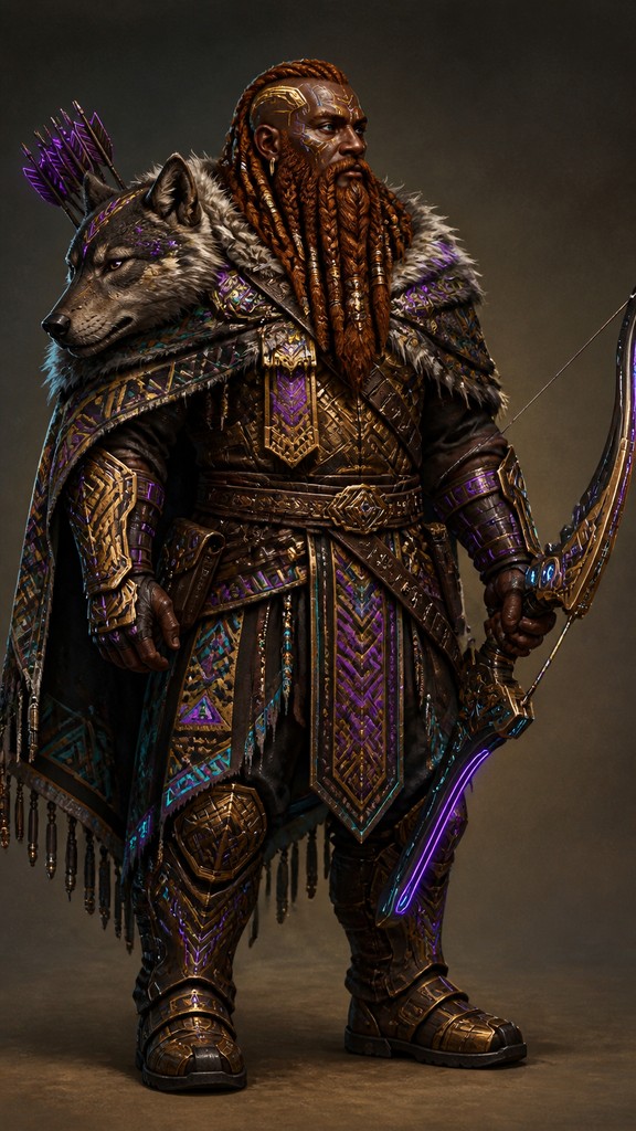 full-body original character: a dwarven ranger with a braided auburn beard, worn leather armor, a longbow and a wolf-pelt cloak, neutral background, no text