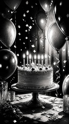 a birthday cake with lit candles surrounded by balloons and confetti, festive vertical composition, no text