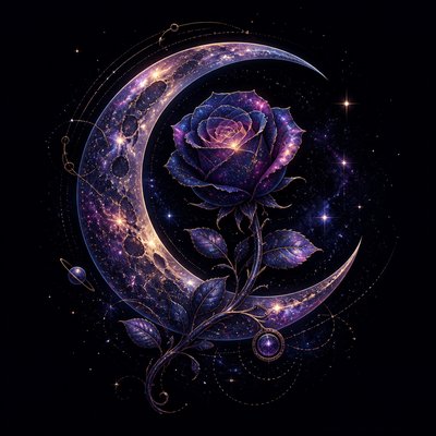 a rose entwined with a crescent moon, clean balanced composition on a plain background, no text