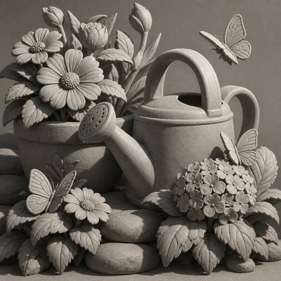 a garden scene with butterflies, flowers and a watering can, clean uncolored line art, no text