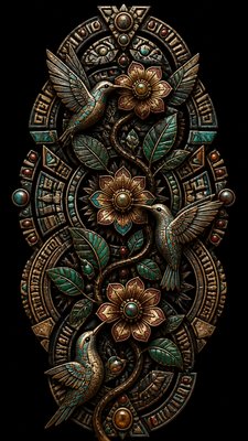 a climbing vine of flowers and hummingbirds on a dark background, tall wrapping composition, no text
