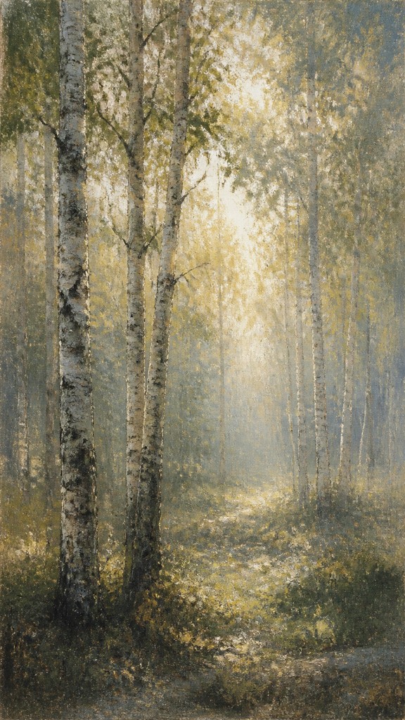 a serene birch forest in soft morning light, no people, no text