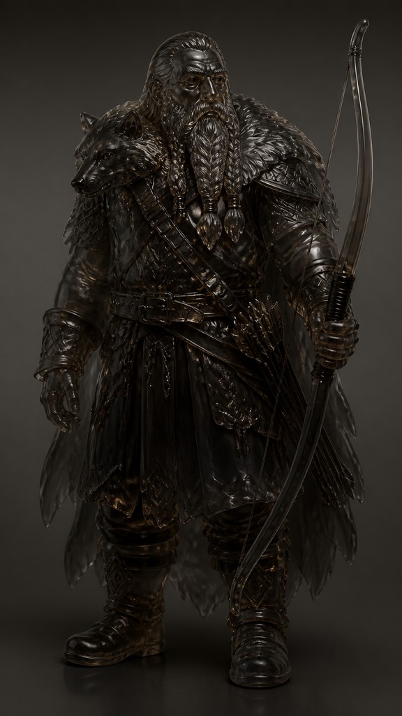 full-body original character: a dwarven ranger with a braided auburn beard, worn leather armor, a longbow and a wolf-pelt cloak, neutral background, no text