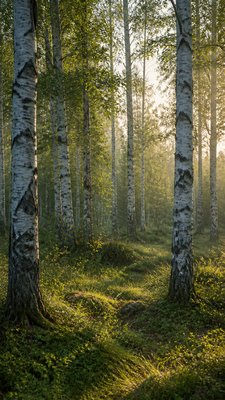 a serene birch forest in soft morning light, no people, no text