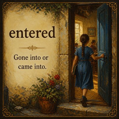 Please create a flashcard for the spelling word: "entered" and it's definition: " Gone into or came into."
