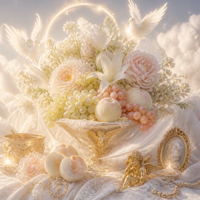 still life arrangement of fruits and flowers