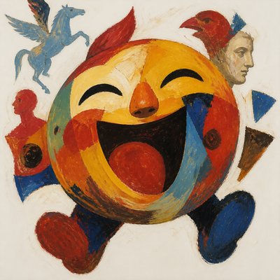 an exaggerated laughing face of an original round mascot character, bold and readable at small size, plain background, no text