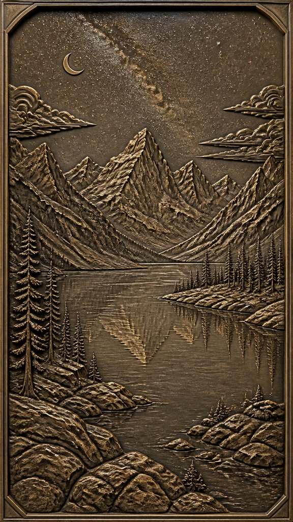 a tranquil mountain lake beneath a starry night sky, no people, no text