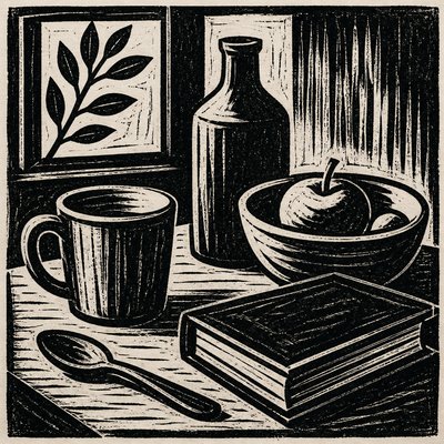 still life with everyday objects — Woodcut Print Style