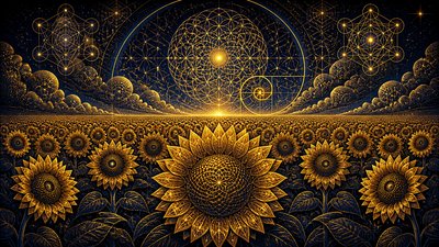 an endless field of sunflowers under summer clouds, no people