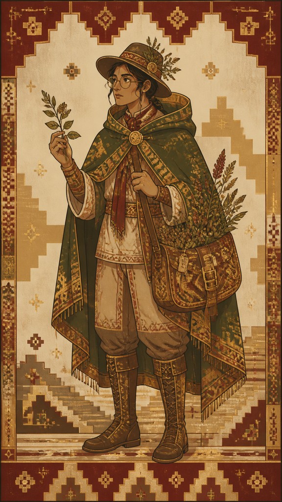 full-body original character: a wandering botanist with a satchel of plants, a patched green cloak, tall boots and round glasses, neutral background