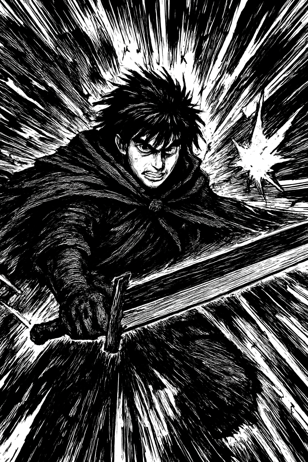 a black and white drawing of a man holding a sword