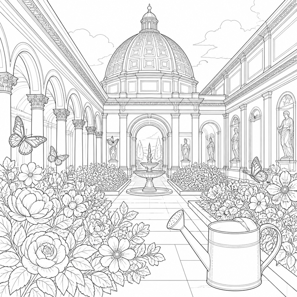 a garden scene with butterflies, flowers and a watering can, clean uncolored line art, no text
