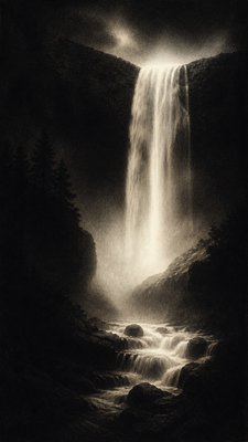 towering waterfall cascading down a cliff