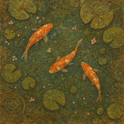A koi pond seen from above, orange and white koi fish swimming among lily pads, clear water with subtle ripples, fallen cherry blossom petals floating on the surface, dappled sunlight