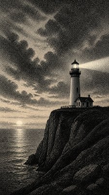 a lone lighthouse on a cliff at dusk under a dramatic sky, no text or lettering
