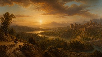 sweeping panoramic landscape with a dramatic sky