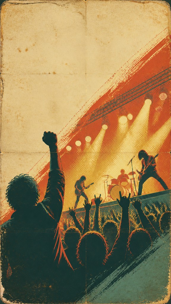 a live music scene with a glowing stage and silhouetted crowd, energetic vertical composition with open space at the top, no text