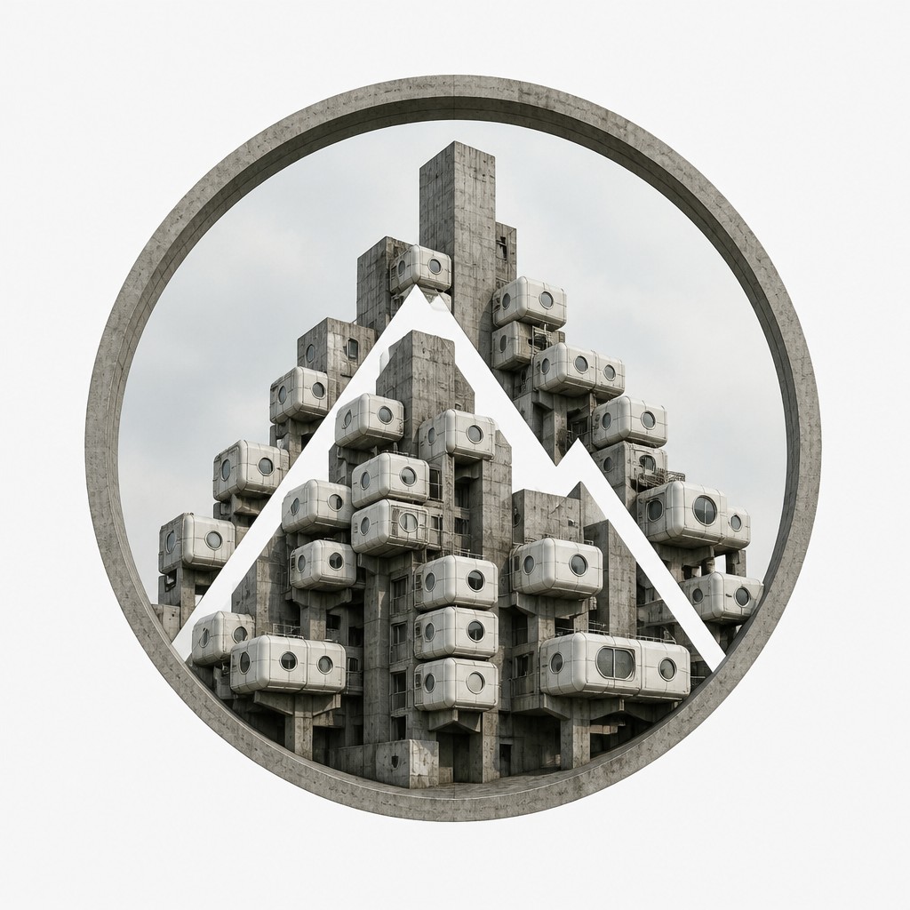 an emblem of a mountain peak inside a circle, simple bold shapes on a plain background, no text or lettering